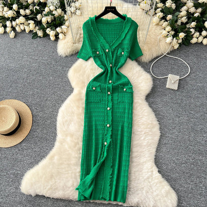High Quality Elastic Knitted Long Sundress Women Short Sleeves Button Design Office Lady Vintage Split Slim Dress