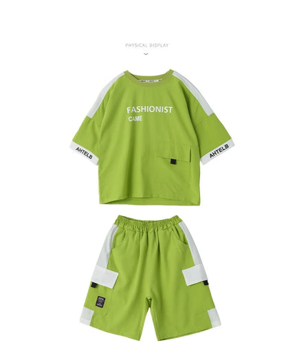 Summer Boys Patchwork Alphabet Half Sleeves T-Shirt Tops+Shorts Pant School Kids Tracksuit Child 2PCS Outfit Workout Set 5-16 Yr