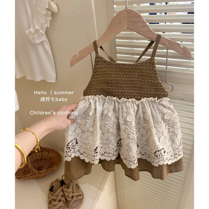 Summer Girls Casual Dresses with Hat Children's Clothing 2025 New Girls' Hollow Out Sleeveless Skirt Children's Lace Dress