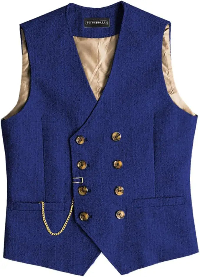 Men Retro British Tweed Double Breasted Suit Vest Plus Size V Neck Herringbone Formal Waistcoat Fashion Outer Vest with Pocket