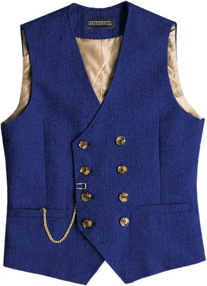 Men Retro British Tweed Double Breasted Suit Vest Plus Size V Neck Herringbone Formal Waistcoat Fashion Outer Vest with Pocket