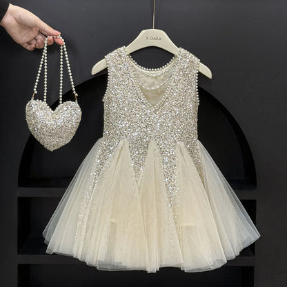 Mesh Sequins Summer Dress Children Clothes Girls Gauze Skirt For Party Evening Birthday Prom Performance Graduation Ceremony