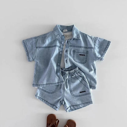 TZ2638 Korean Style Baby Boys Girls Short Sleeve Denim Shirt Shorts Set Summer Fashionable Cute Two-Piece Outfit for Toddlers