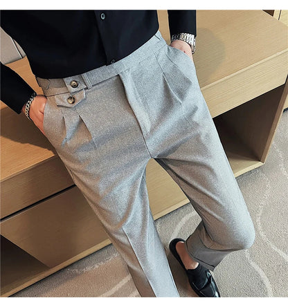 British Style Spring New Solid Business Casual Suit Pants High Waist Button Men Formal Pants High Quality Slim Office Trousers