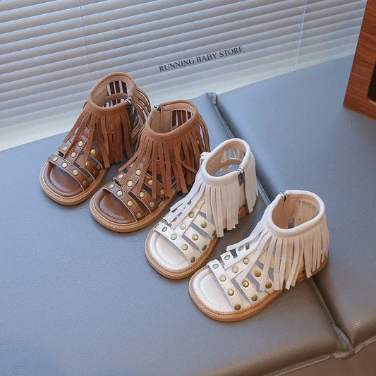 England Style Fashion Tassel Sandals Summer New Side Zipper Rivet High-top Sandals Student Beige Brown Roman Shoes Fringe I05235