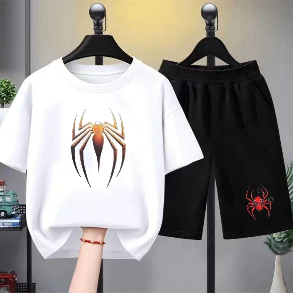 Red Spider Kids Summer T-shirt+Shorts Boy black Girl pink Round Neck Short-sleeved Toddler age 3-12 Casual loose Set print