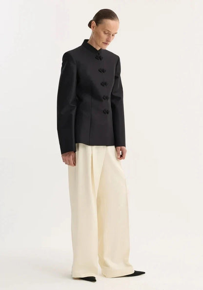 Women's Spring Summer Mandarin Collar Knot Button  Blazer Elegant Office Casual Formal 2026 Trendy Feminine Fashion Blazer