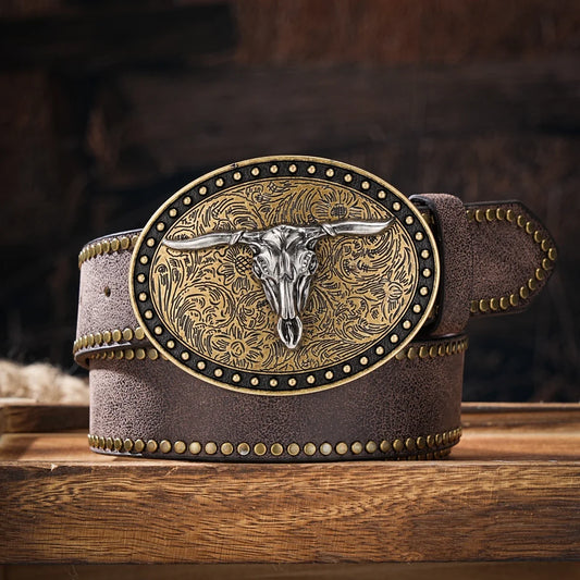 Men & Women-Western-Cowboy-PU Leather-Belts - Vintage Horse Belt Floral Engraved Buckle Belt for Jeans