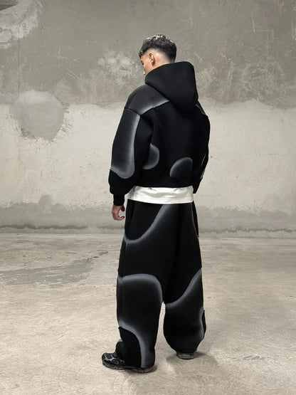 Gradient hooded cardigan sweatshirt unisex loose and comfortable high street design jacket pants American retro