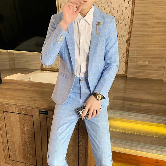 Autumn 2024 Men's Slim Fit Checkered Two-Piece Suit Korean Style Handsome Fashion Suit And Trousers Set