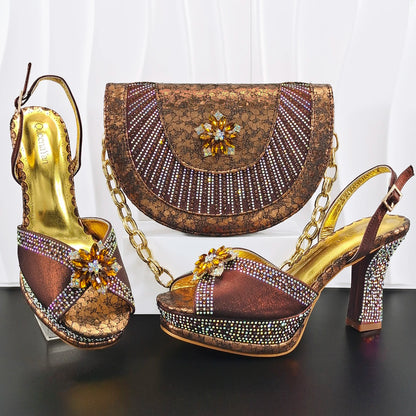 Italian Design Bigger Size Shoes and Bags Set Wedding for Women Bride Ladies High Heel HAND CRAFTED UPPER Shoes with Rhinestone