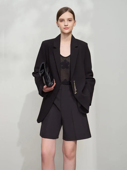 Minimalist Blazer Women 2025 Autumn New Office Lady Turn Down Collar Chain Charm Shoulder Padded Jacket Black Top 12521063