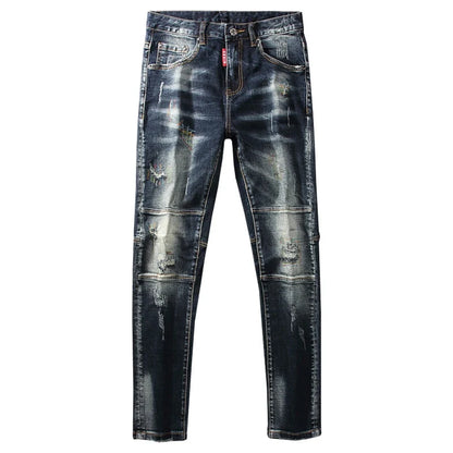 Streetwear Fashion Men Jeans Retro Black Blue Elastic Slim Fit Ripped Jeans Men Spliced Designer Embroidery Hip Hop Denim Pants