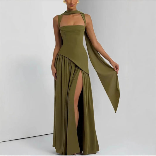 Summer Elegant Olive Green Maxi Dress for Women Flowy Long Dress with Scarf Birthday Party Beach Graduation dress