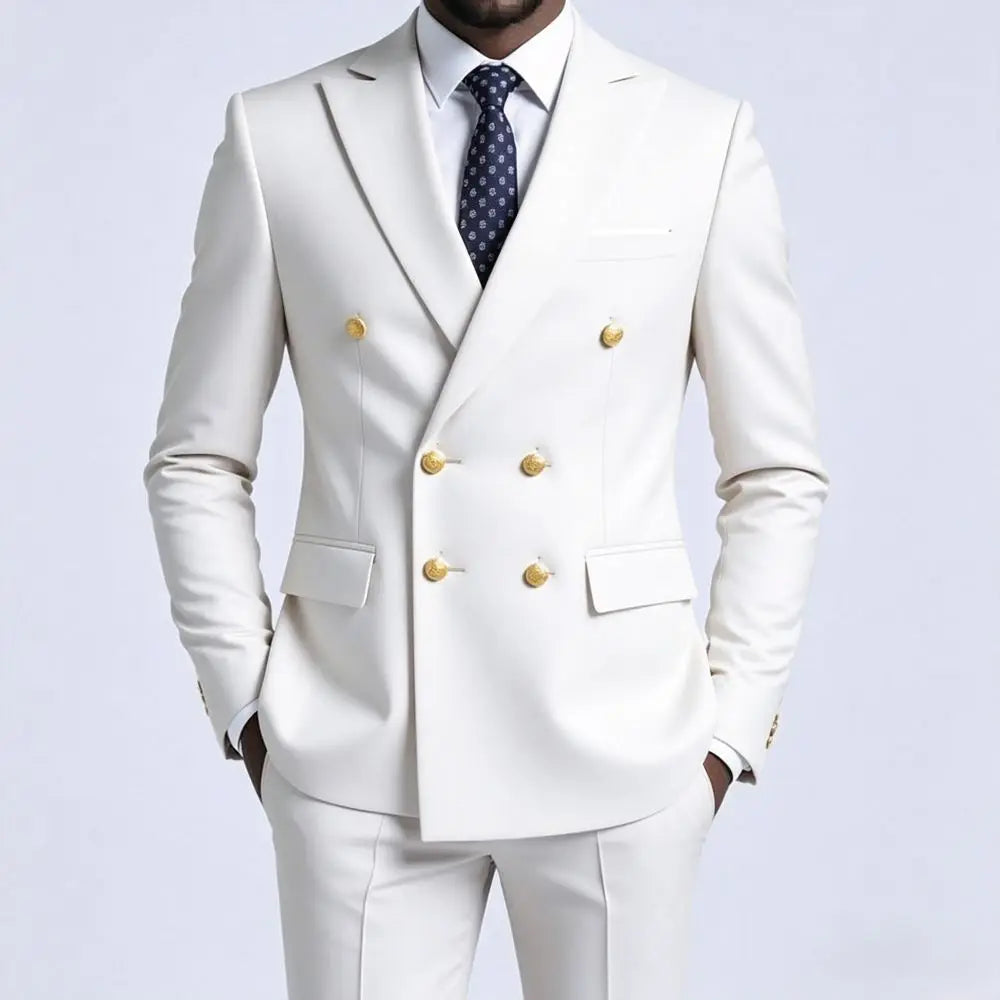 Mens Beige Slim Fit Double Breasted 2 Piece Formal Wedding Tuxedo Gold Buttons Flap Pockets Decorative Cuff Buttons Groom Prom
