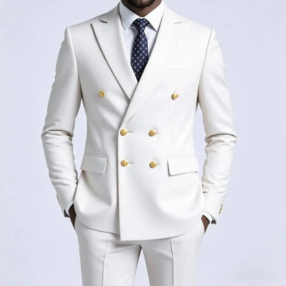 Mens Beige Slim Fit Double Breasted 2 Piece Formal Wedding Tuxedo Gold Buttons Flap Pockets Decorative Cuff Buttons Groom Prom