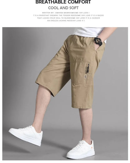 Large Size Cargo Shorts Men's Casual Knee Pants Zipper Pocket Summer Cotton Shorts Running Jogger Shorts Elastic Waist