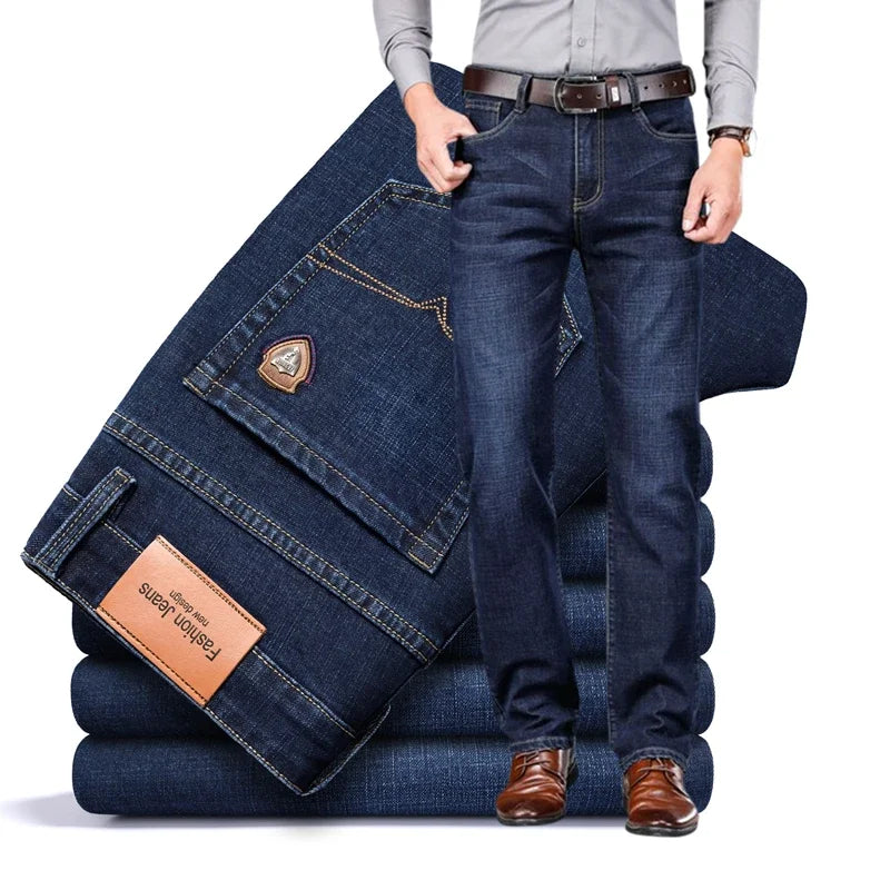 2024 autumn spring fitted straight stretch denim jeans classic style badge youth men's business casual jeans trousers