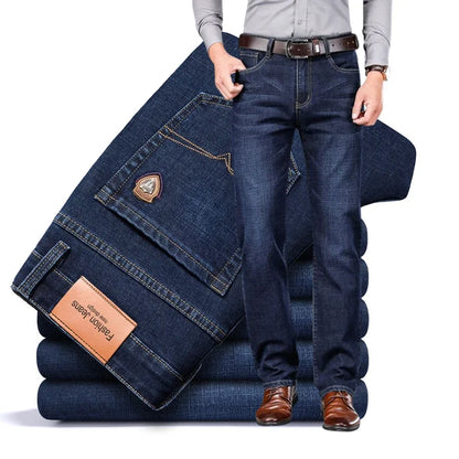 2024 autumn spring fitted straight stretch denim jeans classic style badge youth men's business casual jeans trousers