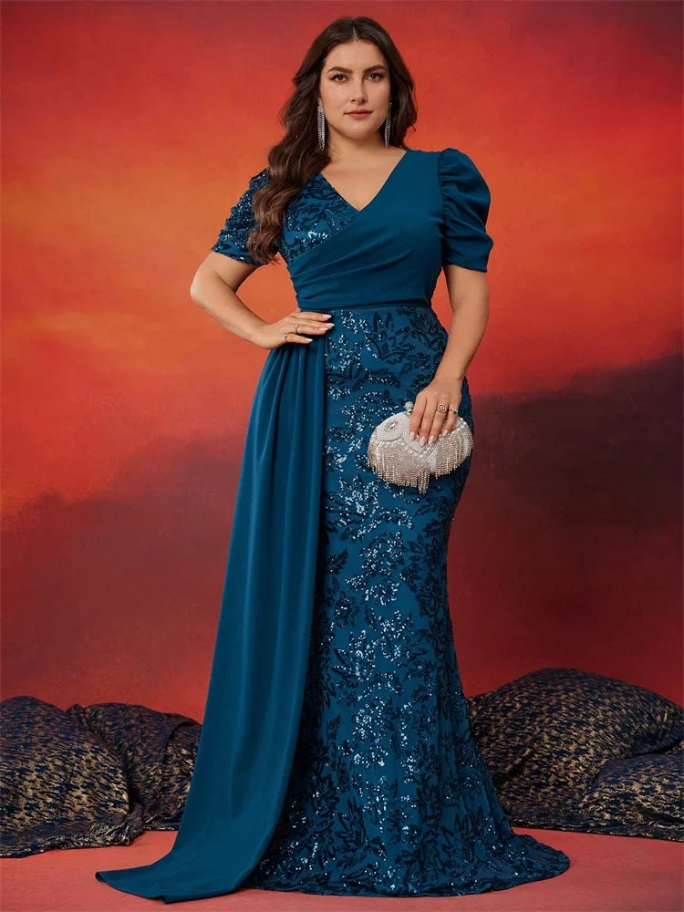 Plus Size Short Sleeve Ribbon Sequin Formal Evening Dresses Women Long Mermaid Wedding Party Bridesmaid Guest Gowns