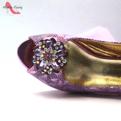Special Design New Coming INS Hot Sale African Women Shoes and Bag Set in Pink Color with Shinning Crystal for Party