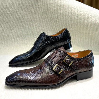 Men's Italian Genuine Leather Formal Oxford Shoes Python Crocodile Pattern Button Detailing for Office Party Wedding Footwear