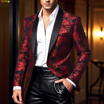 Men's Long-sleeved Suit Jacket, Purple Printed Black Collar Single-button Coat, Wedding/Party/Stage Performance Blazers