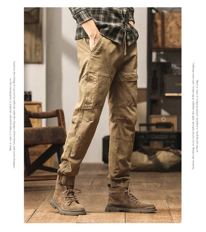 Cotton Men's Cargo Pants Elastic Waist Stretch Trouser Male Multi Pocket Casual Jogger Fit Ankle Length Zipper Purple Drawstring