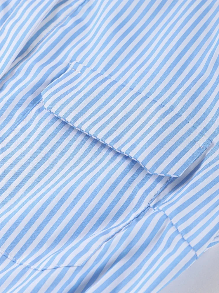 Elegant Women's Striped Long Dress Summer Lace Up Turn-Down Collar Single-breasted Blue A-line Dresses 2026 Lady Holiday Robes