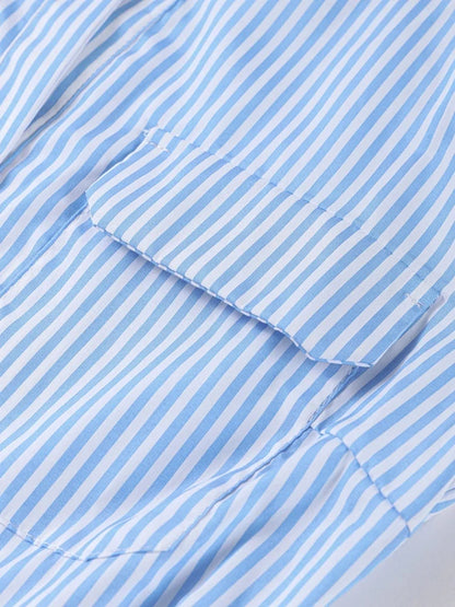 Elegant Women's Striped Long Dress Summer Lace Up Turn-Down Collar Single-breasted Blue A-line Dresses 2026 Lady Holiday Robes