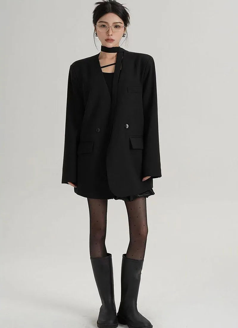 Fashion Collarless Blazers Jacket Ladies Korean Streetwear Design Belt Temperament Blazer Woman Chic Long Sleeve Loose Suit Coat