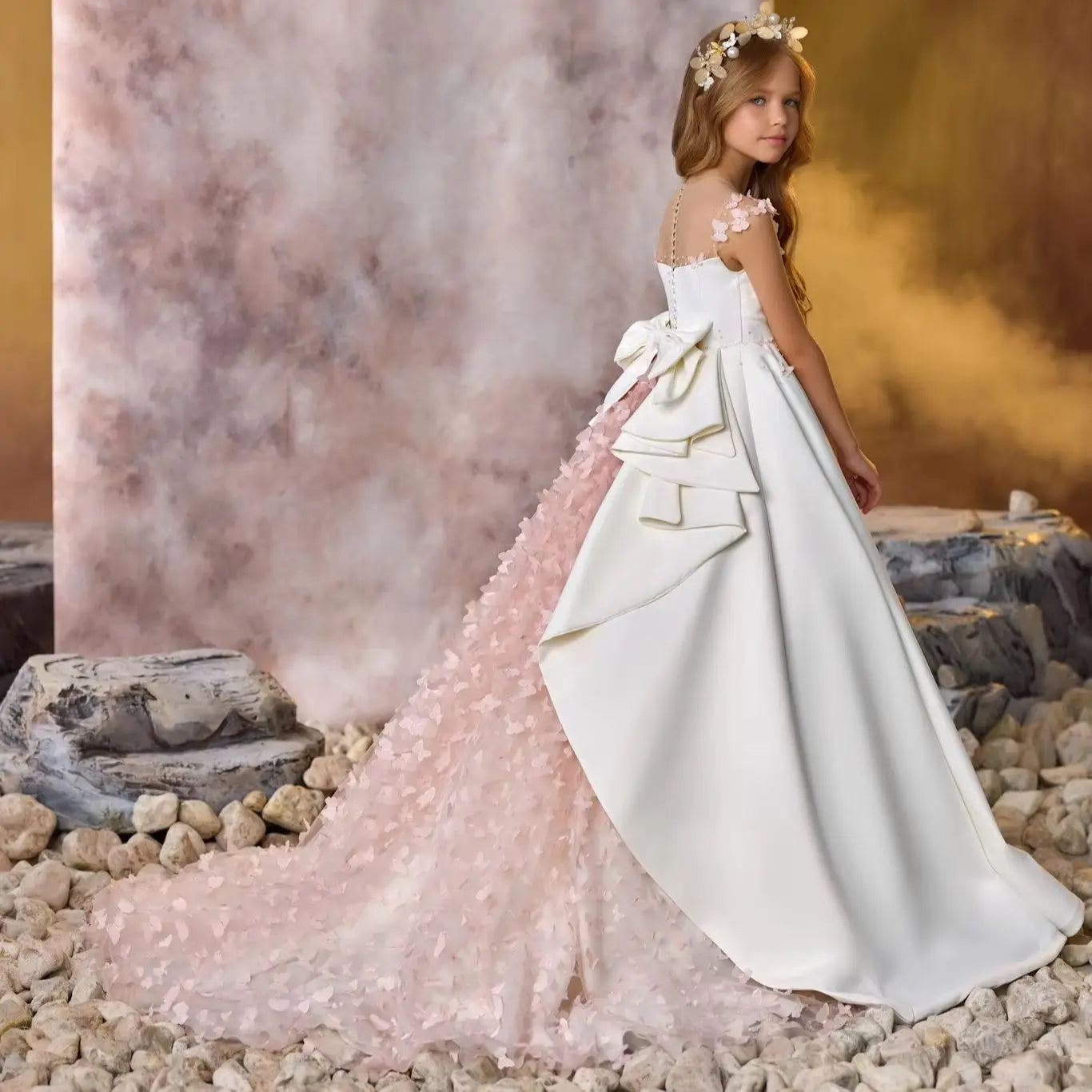 Elegant White Flower Girl Dresses For Wedding Customized Pink Floral Litter Girls Birthday Gowns Baby First Communion Dresses