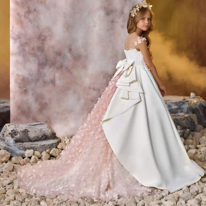 Elegant White Flower Girl Dresses For Wedding Customized Pink Floral Litter Girls Birthday Gowns Baby First Communion Dresses