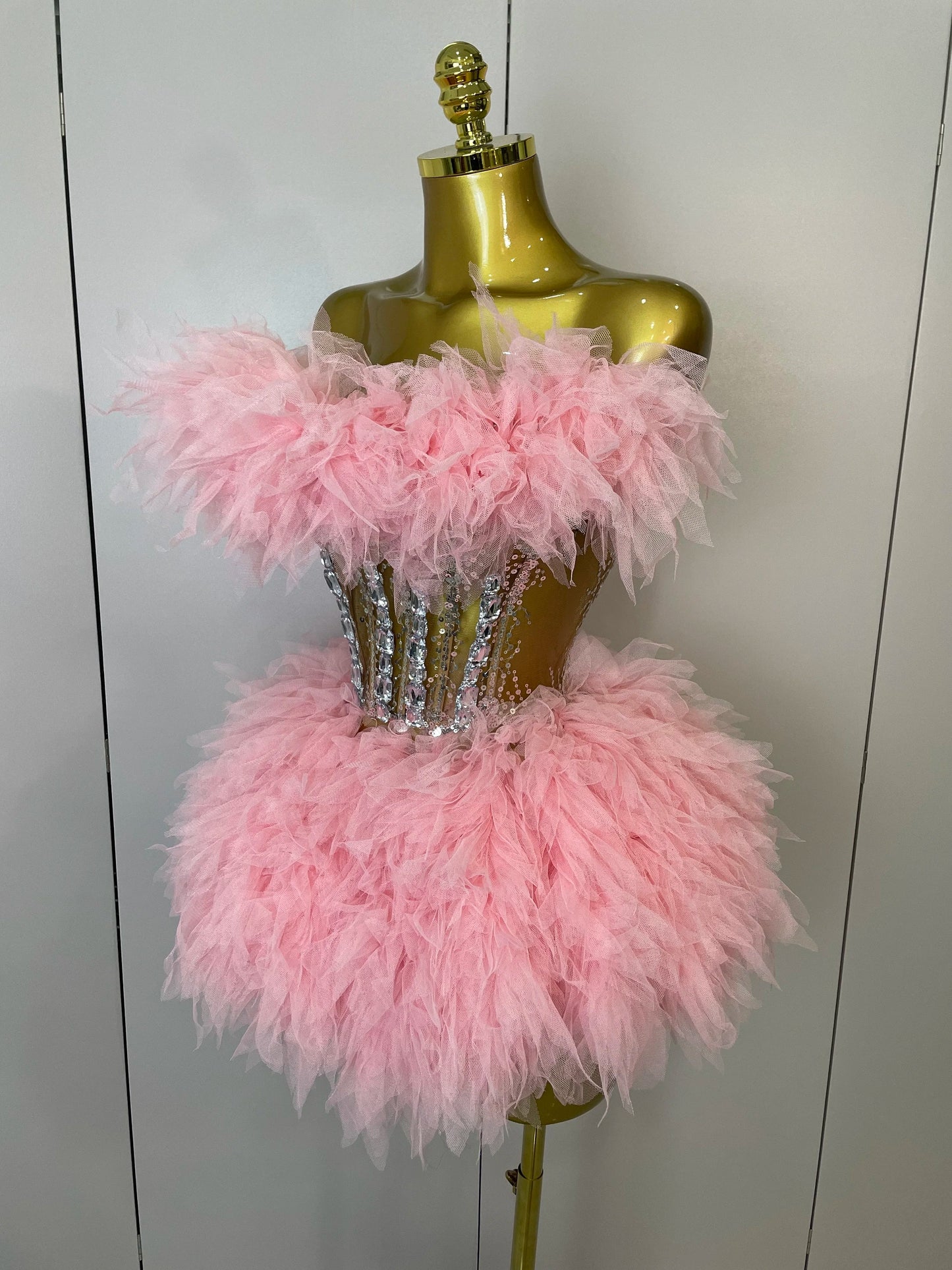 2025Women Sexy Backless Strap Mesh Fluffy Skirt 2 Pieces Diamond Sequins Stage Performance Costume Birthday Party Shooting Dress