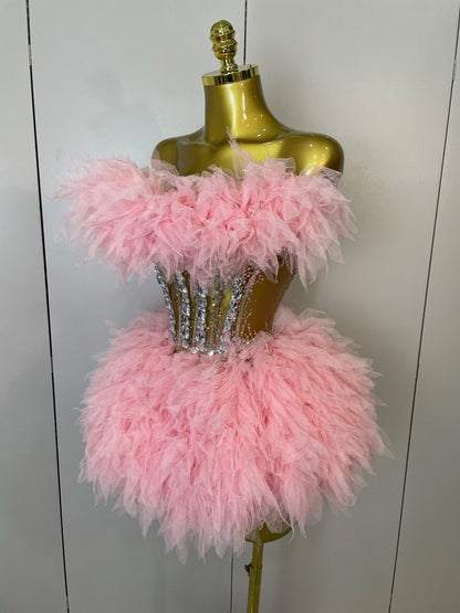 2025Women Sexy Backless Strap Mesh Fluffy Skirt 2 Pieces Diamond Sequins Stage Performance Costume Birthday Party Shooting Dress