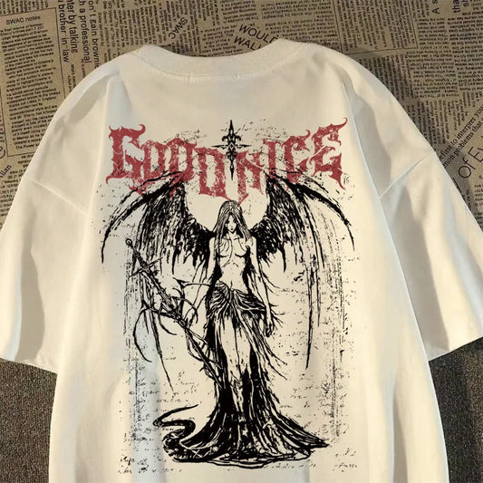 2025 New Heavy Short-sleeved T-shirt American Retro Sword-wielding Angel Printed Short-sleeved Men's and Women's Loose Top