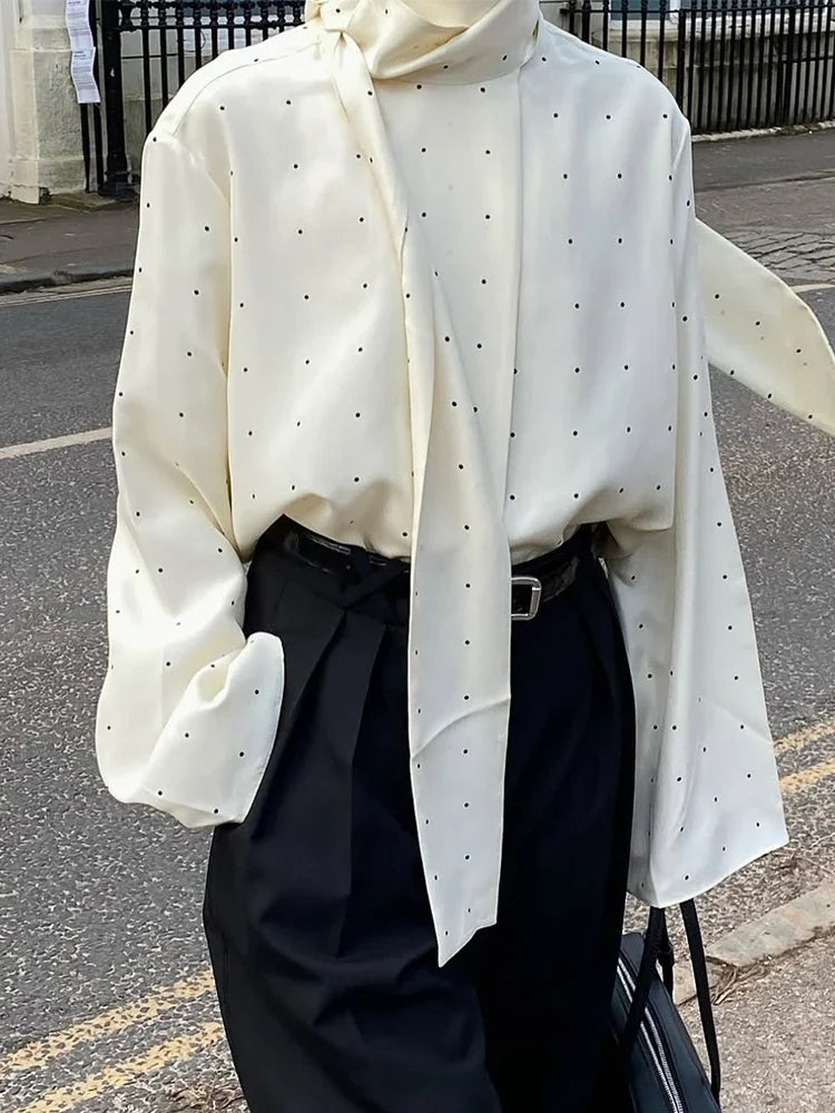 Satin Scarf Neck Polka Dot Printing Women Blouse Full Sleeve Loose Basic Shirt Lady Fashion Autumn New Highstreet Commute Wear