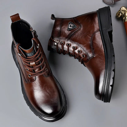 British Style Mens Winter Platform Snow Boots Fashion Genuine Leather Outdoor Antiskid Walking Ankle Boots Mens High Top Boots