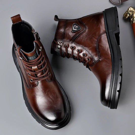 British Style Mens Winter Platform Snow Boots Fashion Genuine Leather Outdoor Antiskid Walking Ankle Boots Mens High Top Boots