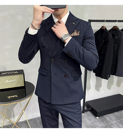 ( Blazer+Vest+Pants ) Groom Wedding Male Suit Luxury Brand Fashion Striped Men's Casual Business Office Double Breasted Suit