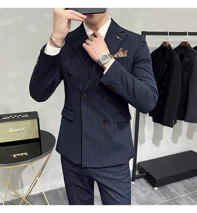 M-7XL ( Blazer + Pants ) Luxury Classic Striped Men's Official Office Casual Business Double -breasted Suit Groom Wedding Gown