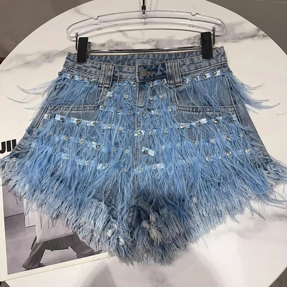 Summer Street Hot Girls Short Jeans Female Chic Feather Diamond Denim Shorts Women Retro Washed Hot Pants Sexy Night Club Shorts