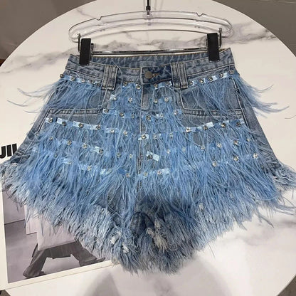 Summer Street Hot Girls Short Jeans Female Chic Feather Diamond Denim Shorts Women Retro Washed Hot Pants Sexy Night Club Shorts