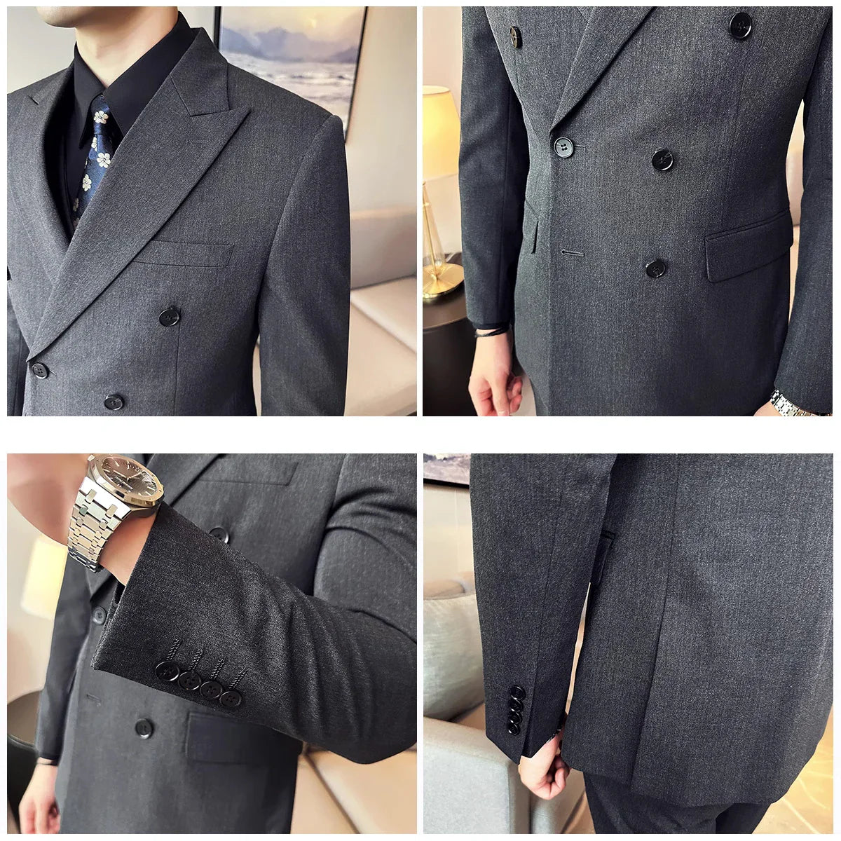 M-7XL Blazer Vest Pants High -end Brand Gray Black Men's Casual Business Double -breasted Suit Groom's Wedding Slim Men's Suit
