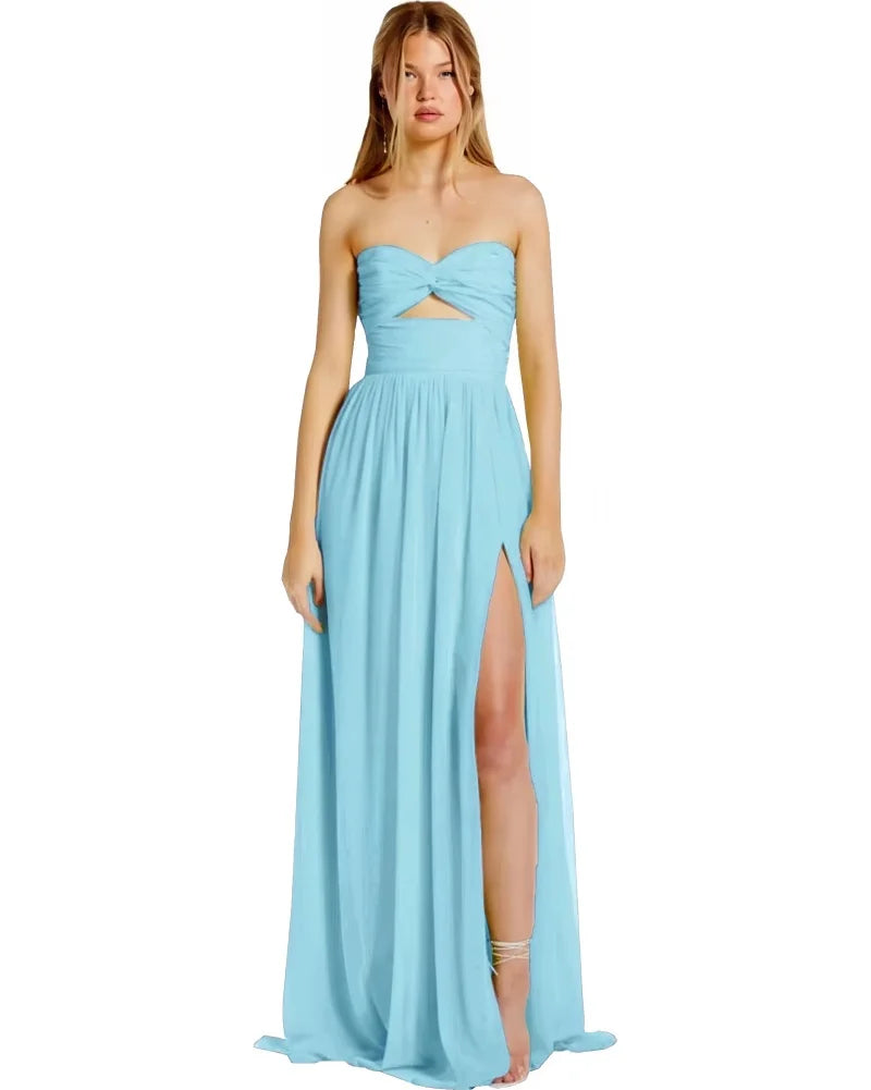 Strapless Chiffon Prom Dresses Pleated Sexy High Split Backless Cocktail Party Dress Off The Shoulder Long Homecoming Dress