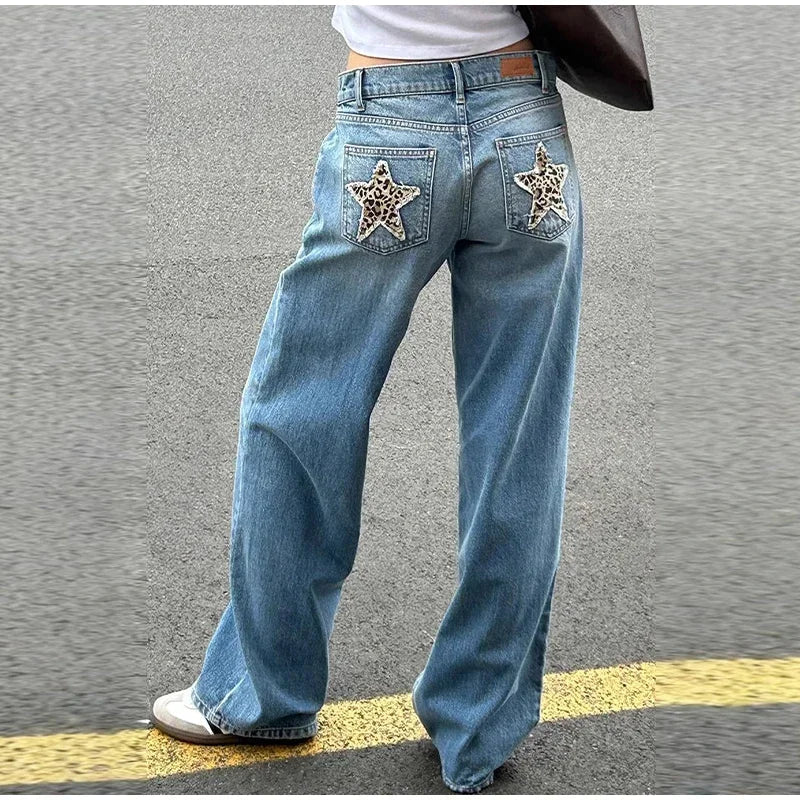 European and American Leopard Print Star Patch Jeans Street Women's High Waist Jeans Fashion Clothing Vintage Straight Trousers