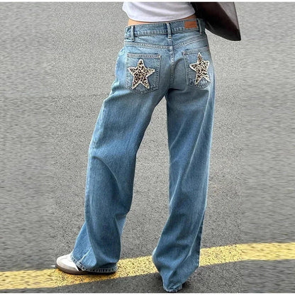 European and American Leopard Print Star Patch Jeans Street Women's High Waist Jeans Fashion Clothing Vintage Straight Trousers