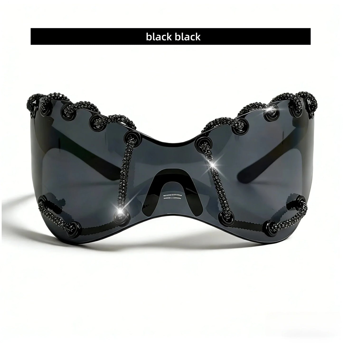 Women's Exaggerated Oversized One-Piece Rhinestone Chain Sunglasses Y2K Retro Futuristic Fashion Silver Goggles Shades for Party
