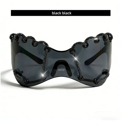 Women's Exaggerated Oversized One-Piece Rhinestone Chain Sunglasses Y2K Retro Futuristic Fashion Silver Goggles Shades for Party