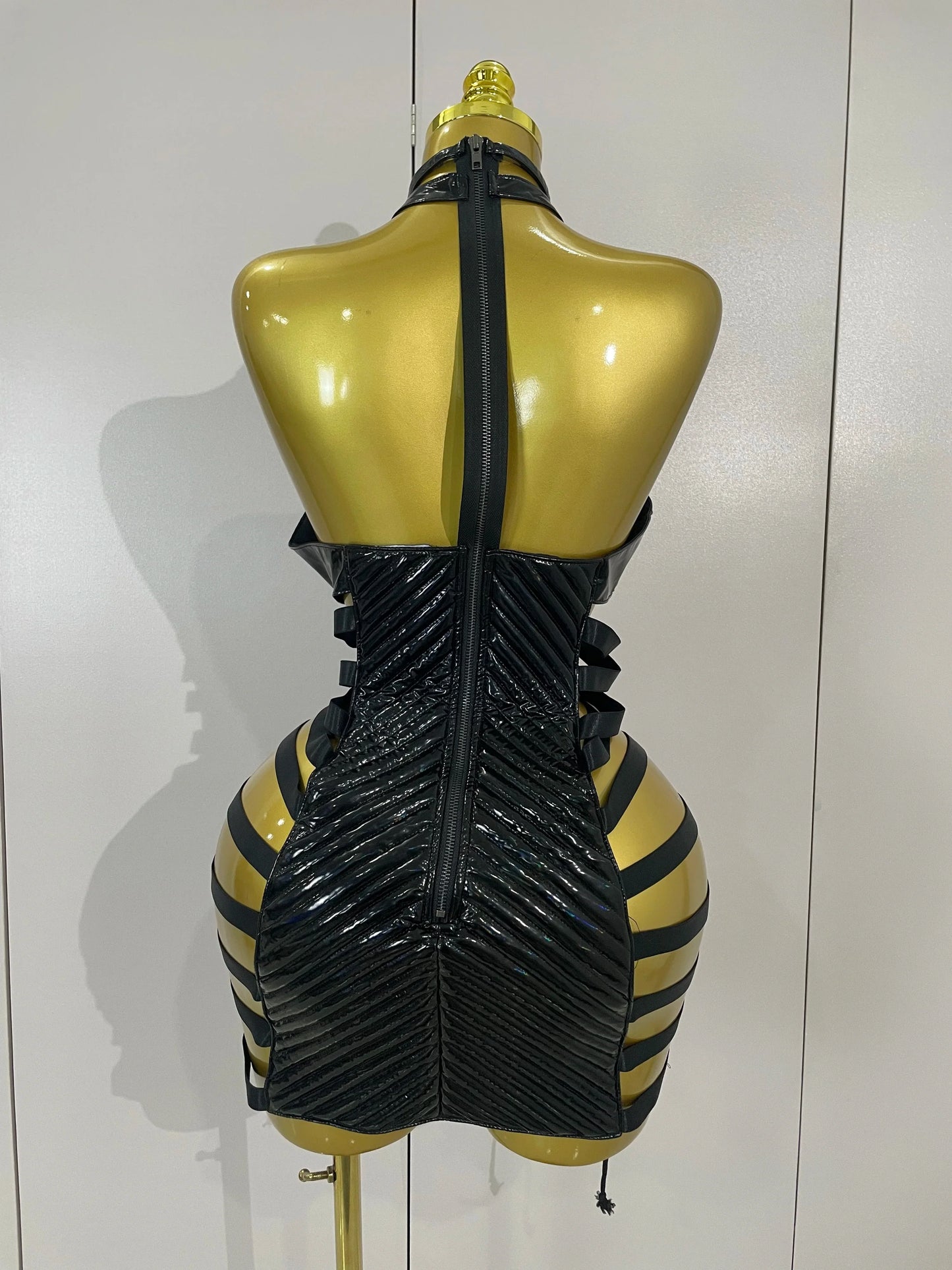 Sexy Black Leather Hollow Out Gothic Bandage Halter Short Dress Women Gogo Dance Singer Nightclub Bar Performance Stage Wear
